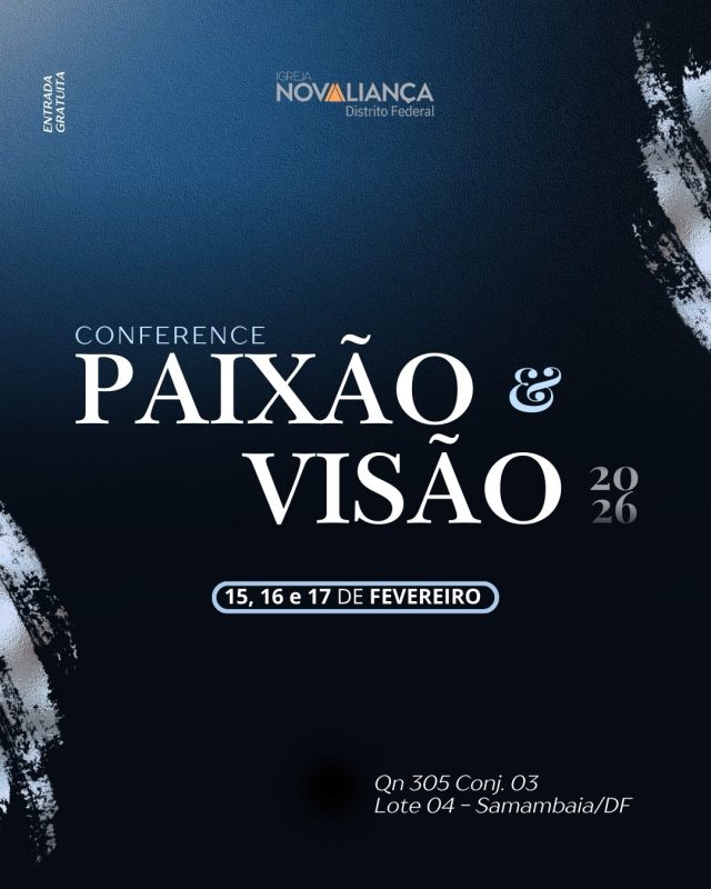 🔥 CONFERÊNCIA PAIXÃO & VISÃO 2026 🔥 Prepare o seu coração para dias que vão marcar a sua vida! Serão 3 noites intensas de palavra, presença de Deus, direcionamento e despertamento espiritual. Uma conferência para reacender a paixão por Jesus e alinhar a sua visão com o propósito do céu. 🗓️ Dia 15(às 18h30) e dias 16 e 17 (às 19h30) de Fevereiro 📍 Igreja Nova Aliança Distrito Federal Teremos a presença dos preletores convidados: ✨ Luca Martini (@olucamartini) ✨ Davide Grosso (@davidegrossso) ✨ Ricardo Vasconcellos (@pr.ricardovasconcellos) Homens de Deus que carregam uma palavra viva e profética para este tempo! E o melhor: ✅ Entrada gratuita ✅ Não precisa de inscrição É chegar e viver aquilo que Deus já preparou! Chame sua família, convide seus amigos e venha viver dias de transformação, renovo e ativação espiritual. “Sem paixão não há entrega. Sem visão não há direção.” Nos vemos lá! 🔥